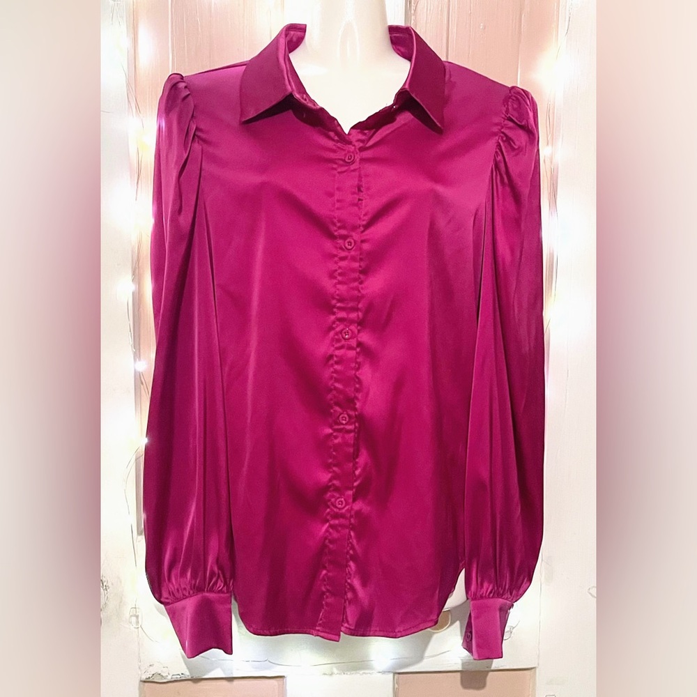 SHEIN Pink Puff Sleeve Button Down Blouse